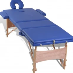 Blå sammefoldeligt massagebord, 3 zoner med træramme