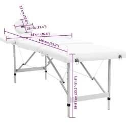 Cremefarvet sammenfoldeligt massagebord med aluminiumsstel,4 zoner