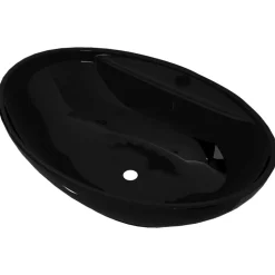 Keramisk badeværelsesvask basin vandhane/overfyldningshul sort oval