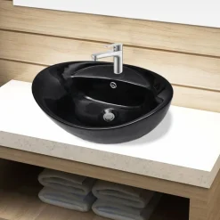 Keramisk badeværelsesvask basin vandhane/overfyldningshul sort oval