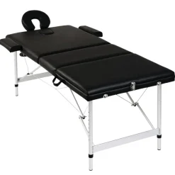 Sort sammenfoldeligt massagebord, 3 zoner med aluminiumsramme