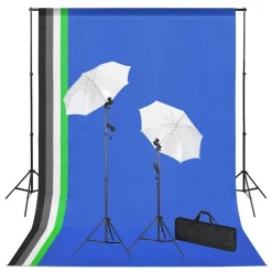 vdaXL fotostudieudstyr med bagtæpper, lamper og paraplyer