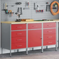 vidaXL Arbejdsskab med skuffe 3 pcs Rød og Grå 150 x 55 x 85 cm