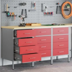 vidaXL Arbejdsskab med skuffe 3 pcs Rød og Grå 150 x 55 x 85 cm