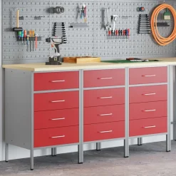 vidaXL Arbejdsskab med skuffe 3 pcs Rød og Grå 150 x 55 x 85 cm