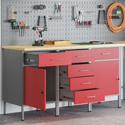 vidaXL Arbejdsskab med skuffe 3 pcs Rød og Grå 150 x 55 x 85 cm