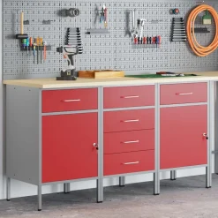 vidaXL Arbejdsskab med skuffe 3 pcs Rød og Grå 150 x 55 x 85 cm