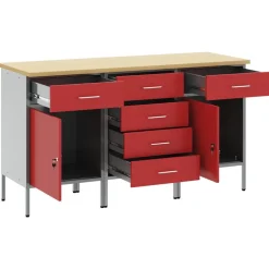 vidaXL Arbejdsskab med skuffe 3 pcs Rød og Grå 150 x 55 x 85 cm