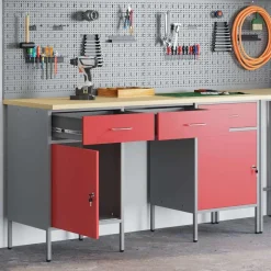 vidaXL Arbejdsskab med skuffe med lås 3 pcs Rød Ingeniørtræ og stål