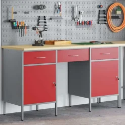 vidaXL Arbejdsskab med skuffe med lås 3 pcs Rød Ingeniørtræ og stål