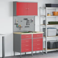 vidaXL Arbejdsskab med skuffe med lås 5 pcs Rød Ingeniørtræ og stål