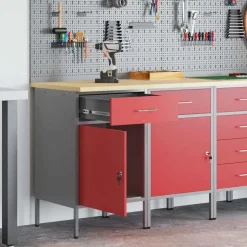 vidaXL Arbejdsskab med skuffe 2 pcs Rød og Grå 100 x 55 x 85 cm