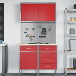 vidaXL Arbejdsskab med skuffe med lås 5 pcs Rød Ingeniørtræ og stål