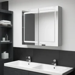 vidaXL badeværelsesskab med spejl + LED-lys 80x12x68 cm betongrå