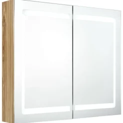 vidaXL badeværelsesskab med spejl + LED-lys 80x12x68 cm egetræsfarvet