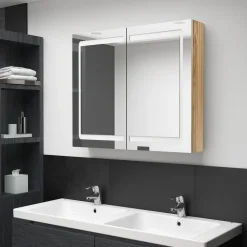 vidaXL badeværelsesskab med spejl + LED-lys 80x12x68 cm egetræsfarvet