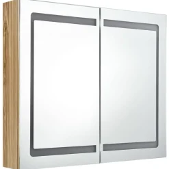 vidaXL badeværelsesskab med spejl + LED-lys 80x12x68 cm egetræsfarvet