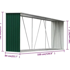 vidaXL brændeskur til haven 330x84x152 cm galvaniseret stål grøn