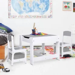 vidaXL børnebord med 2 stole MDF hvid