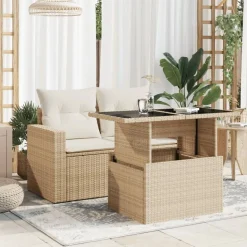 vidaXL havebord med glastop 100x55x73 cm polyrattan beige