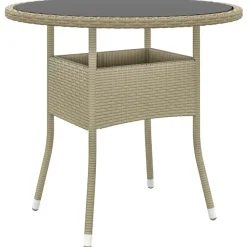 vidaXL havebord Ø80x75 cm hærdet glas og polyrattan beige