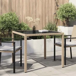 vidaXL havebord 90x90x75 cm hærdet glas og polyrattan beige