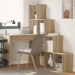 vidaXL Hjørneskrivebord med hylde Sonoma eg 101,5 x 149,5 x 149,5 cm