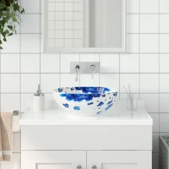 vidaXL håndvask til bordplade Φ41x14 cm rund keramik hvid og blå