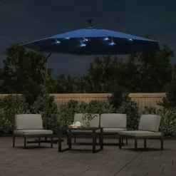vidaXL hængeparasol m. LED-lys og stålstang 300 cm azurblå