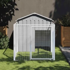 vidaXL hundehus med løbegård 117x201x123 cm galvaniseret stål lysegrå