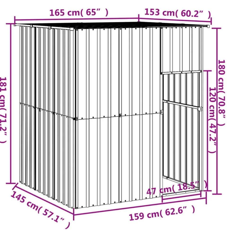 vidaXL hundehus med tag 165x153x181 cm galvaniseret stål antracitgrå