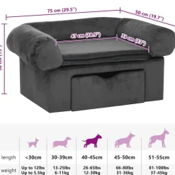vidaXL hundesofa med skuffe 75x50x38 cm plys mørkegrå