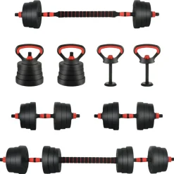 vidaXL 4-i-1 Håndvægte Barbell Kettlebell Sæt 20kg 20kg Sort og rød