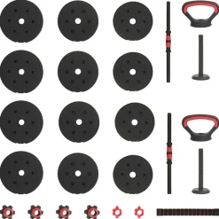 vidaXL 4-i-1 Håndvægte Barbell Kettlebell Sæt 20kg 20kg Sort og rød
