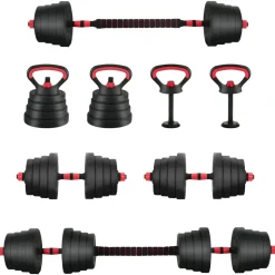 vidaXL 4-i-1 Håndvægte Barbell Kettlebell Sæt 30kg 30kg Sort og rød