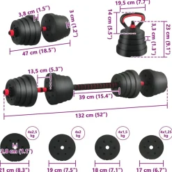 vidaXL 4-i-1 Håndvægte Barbell Kettlebell Sæt 30kg 30kg Sort og rød