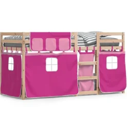 vidaXL køjeseng med gardiner 90x200 cm massivt fyrretræ pink