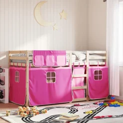 vidaXL køjeseng med gardiner 90x200 cm massivt fyrretræ pink