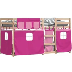 vidaXL køjeseng med gardiner 90x200 cm massivt fyrretræ pink
