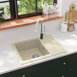 vidaXL køkkenvask med overløbshul oval granit beige