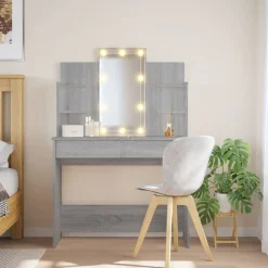 vidaXL makeupbord med LED-lys 96x40x142 cm grå sonoma-eg