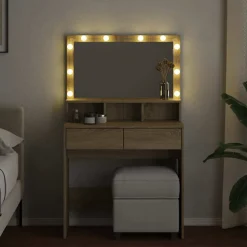 vidaXL makeupbord med LED-lys 80x41x134,5 cm brun sonoma-eg