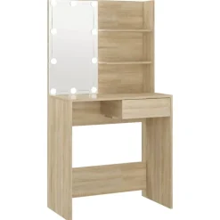 vidaXL makeupbord med LED-lys 74,5x40x141 cm konstrueret træ sonoma-eg