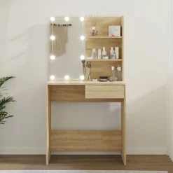 vidaXL makeupbord med LED-lys 74,5x40x141 cm konstrueret træ sonoma-eg