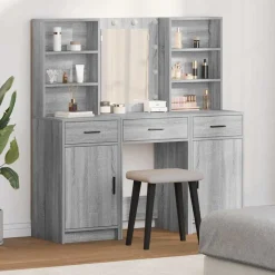 vidaXL Makeupbord sæt med LED med dør 3 pcs Grå Sonoma Konstrueret træ