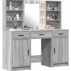 vidaXL Makeupbord sæt med LED med dør 3 pcs Grå Sonoma Konstrueret træ