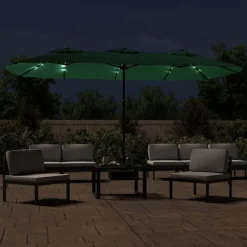 vidaXL parasol med dobbelt parasoldug og LED-lys 449x265 cm grøn