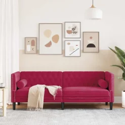 vidaXL 3-personers Chesterfield-sofa med bolsterpuder fløjl vinrød