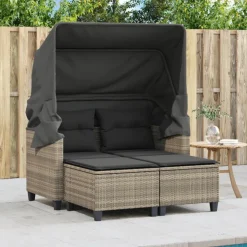 vidaXL 2-personers havesofa med baldakin og skamler polyrattan lysegrå