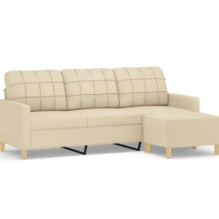 vidaXL 3-personers sofa med fodskammel 180 cm stof Cremefarvet